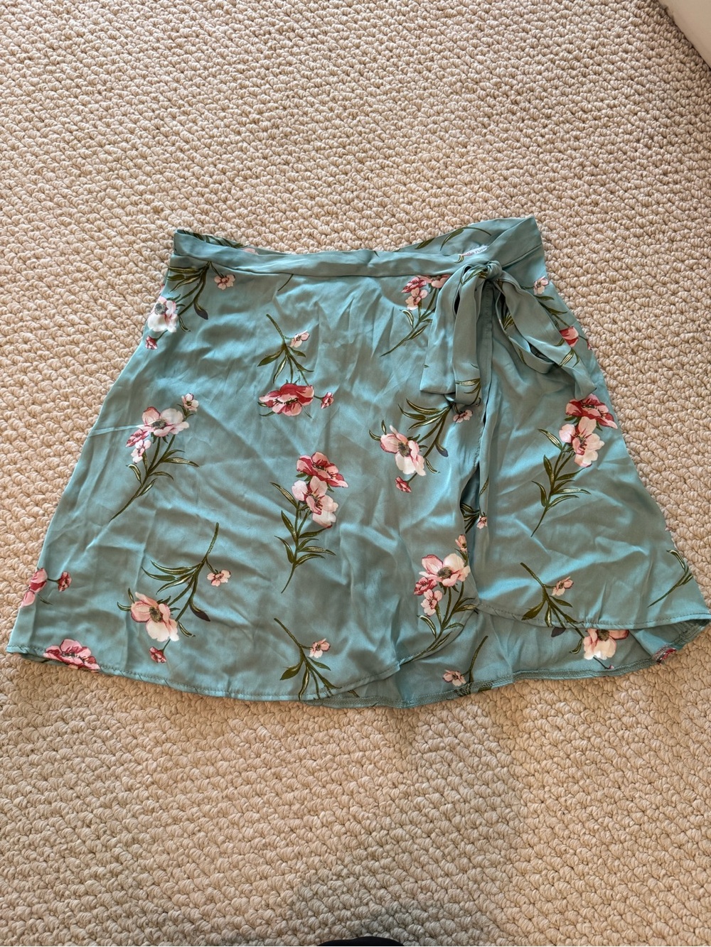 Floral Silk Tie-Waist Wrap Skirt - Teal Green